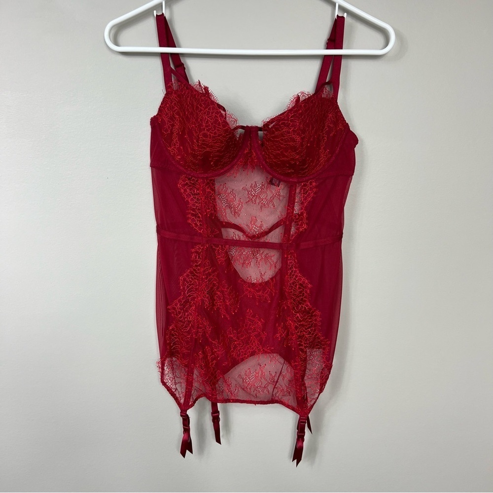 Victoria's Secret maroon red lace corset style bodysuite teddy Sz 36C